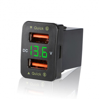 Зарядное устройство врезное на 2 гнезда USB 3.4А QC3.0 с вольтметром зеленый (ШК9)